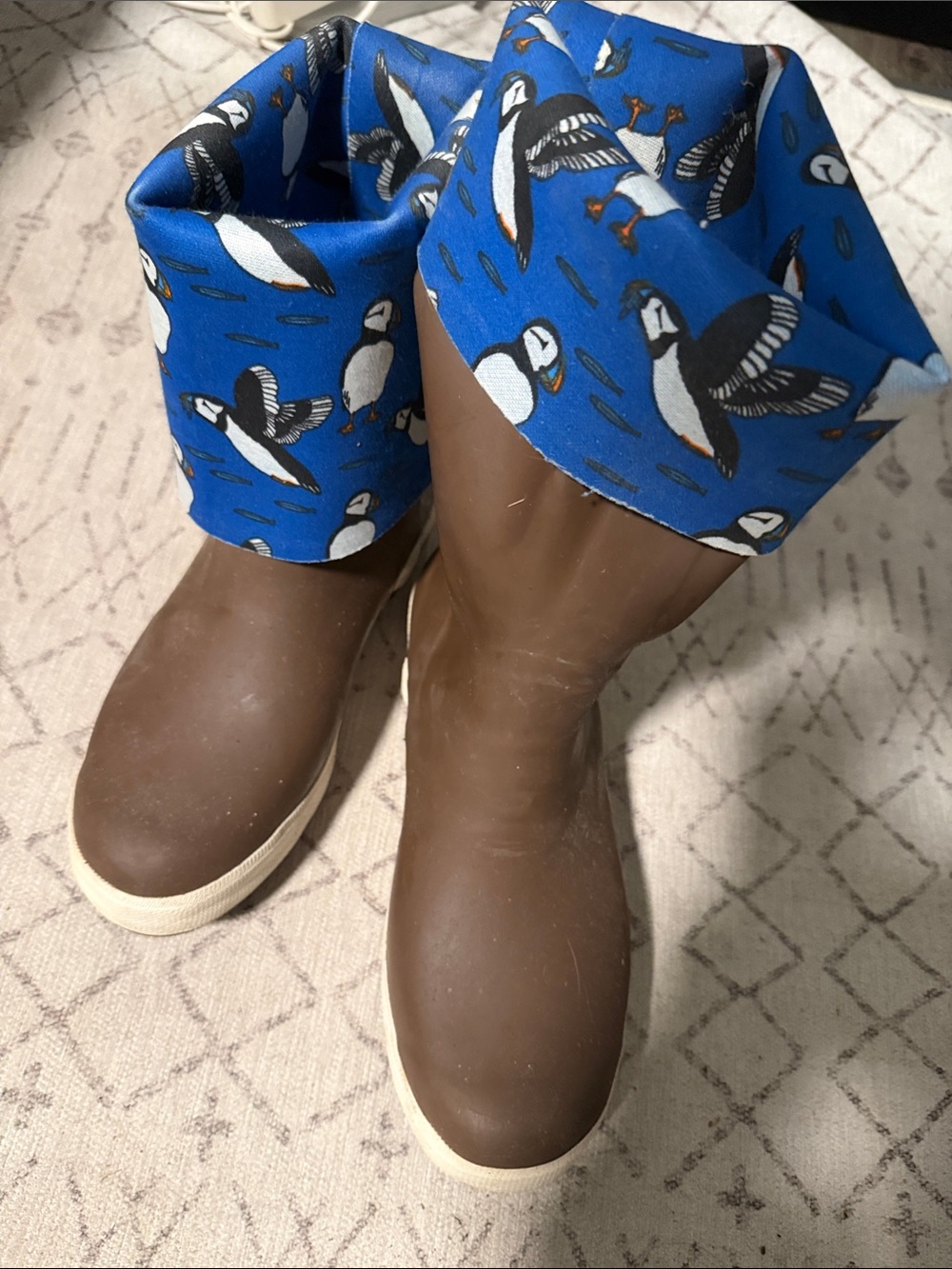 Women’s Brown Heeled Boots with Blue Puffin Print Cuff